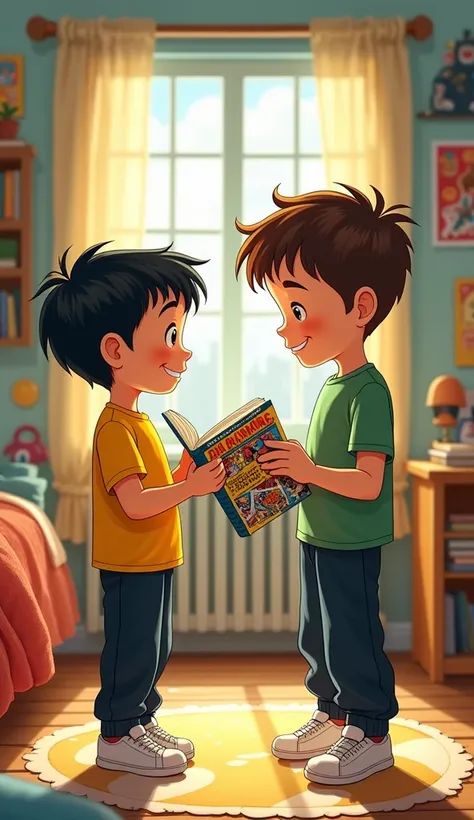 "In a cheerful bedroom filled with books and toys, two  boys stand together. One boy, with a round face, fair skin, neatly combed black hair, wearing a yellow shirt, black pants, and white shoes, excitedly hands over a colorful comic book. The other boy ha...