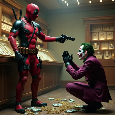 creating an ultra realistic image of the Deadpool character wearing a full army uniform, he stands while pointing a gun at the joker character who is squatting in resignation while raising both hands up. The setting is inside a jewelry store and there is c...