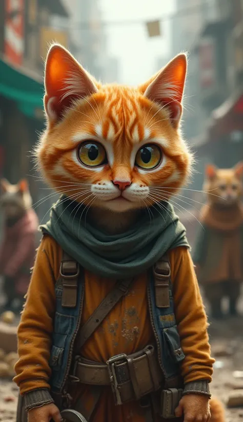 A realistic and detailed scene of the poor orange cat with tattered clothes, resembling the character in the provided reference, working tirelessly to earn money. His face is covered in sweat and dirt, but his eyes are filled with determination. The bustli...