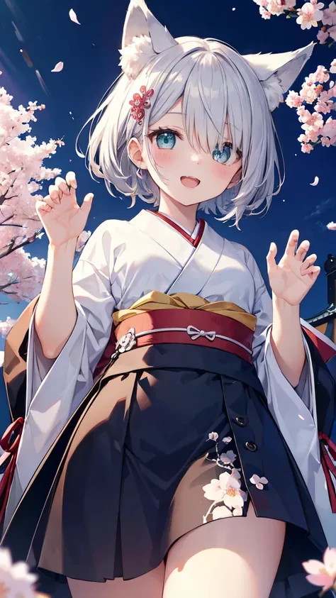 gray hair 、 illuminated in the dark 、 I had hair on one eye、Japanese-style town、day、solo,1 girl,((from below))、Yangyun、cherry blossoms、 Flower blowing snow、bird、slender、open mouth、double teeth、 claw pose、smile、 Cool Personality、 focus face、 boyish、April、Ja...