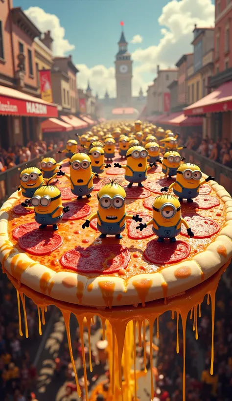 A surreal, carnival-style parade taking place on a massive floating pizza, carrying thousands of excited Minions. Some Minions ride pepperoni slices like flying carpets, while others dance atop cheese fountains that randomly shoot molten mozzarella into th...