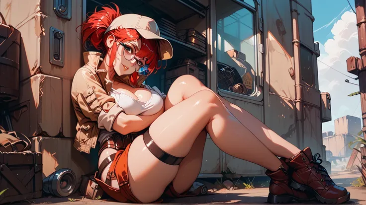  Sexy Fio Germi, UHD, with glasses, cap,  Redhaired , in a wasteland,  big breasts,  sexy pose, thigh strap,  sitting,  hugging her legs ,