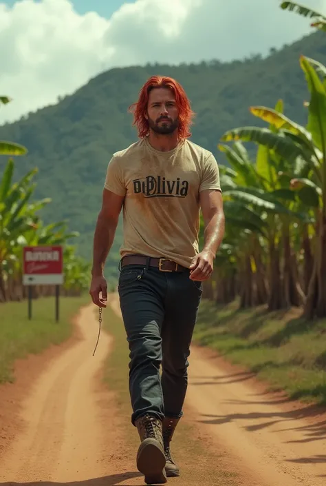 In HD A man wearing a shirt written BOLIVIA ,  with black leather pants with a small chain in his pants pocket , with long red hair running down a dirt road in the background of a banana hill and a sign written Banana Factory