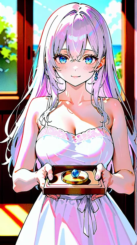  A woman in a white dress holds a music box, artwork in the style of Gwaiz, Gwaiz on pixiv artstation, Gwaiz on artstation pixiv, Gwaiz,   Fantasy art style , Gwaiz masterpiece,  Beautiful and Elegant Queen  ,  beautiful character drawing ,  Detailed Digit...