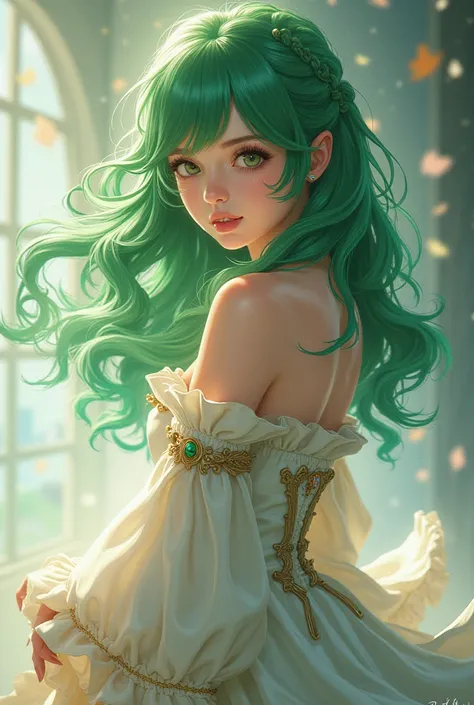 anime, attractive woman ,green hair,Roco dress with steed on the bee side the sides are bare