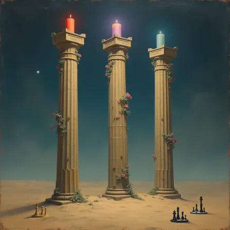 surreal painting of three giant ancient stone columns standing in a mystical desolate desert, flowers are crawling up the columns, giant red blue and purple candles are standing on top of the columns, the moon and stars are seen in the hazy night sky, ches...