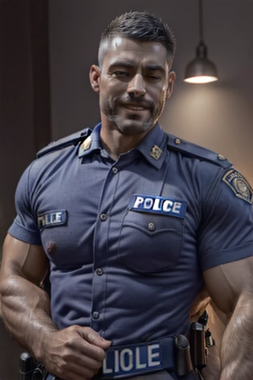 40 years old nice police officer,(wearing police uniform:1.5), muscular, (fade cut:1.5), muscle growth, kind, good, helpful, smile, handsome