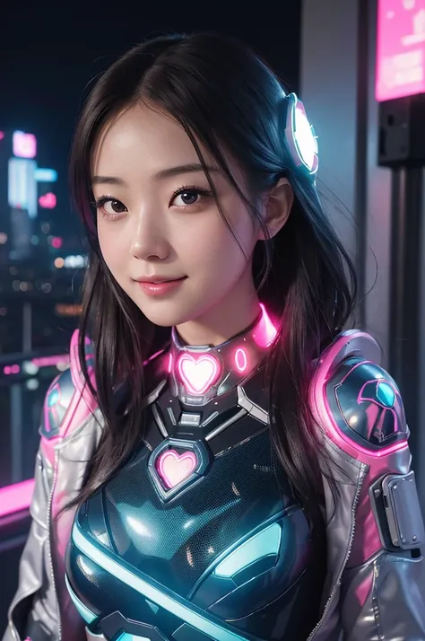 8k, RAW photo, best quality, masterpiece:1.2), (realistic, photo-realistic:1.4), (extremely detailed 8k wallpaper).A beautiful Japanese AI girl with a cute and realistic smiling expression, posed in a seductive and alluring manner, set in a cyberpunk Valen...