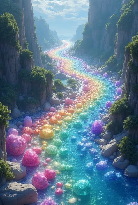 Draw the crystal river, river flowing with crystal stones from its waters,  motley white crystal, pink crystal, blue crystal, mor kristal, orange,  green ,yellow 