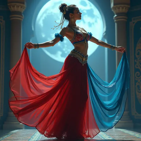 Une femme arafe dans une tenue rouge et bleue danse, elle est habillée en danseuse orientale, princesse arabe, déesse indienne, Danse du ventre, Beauté traditionnelle, belle déesse, beauté arabe, reine perse, cosplay orné, princesse perse, costumes exotiqu...