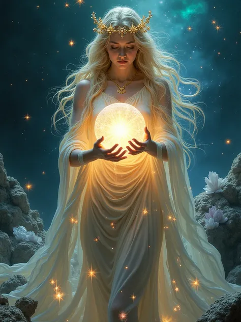 A stellar dryad bathed in ethereal light: luminous Greek mythological motifs pulsate beneath their robes as they cradle a sphere of swirling galactic light, surrounded by floating crystals and ethereal auroras. At the bottom right a large signature in eleg...