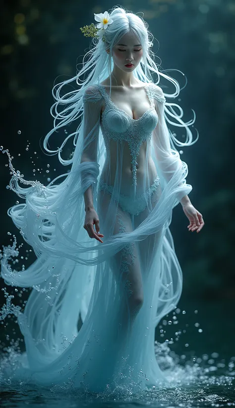 ((Highest quality)), ((masterpiece)), (detailed), A water spirit based on the most beautiful Chinese woman, Cover your body in water, Wear water, Dressing Water, Wear water, Hair is made of running water, Personification of the water spirit, Floating feeli...