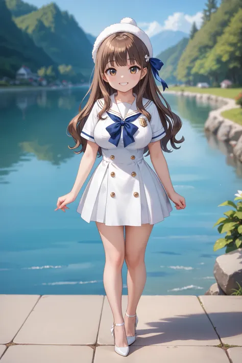 Perfect composition, Proper placement, Golden Ratio, masterpiece,  best quality,  high definition ,  one  Girl, Cute (Girl:(loli:1.5), full body focus, full body shot, view the viewer, smiling, standing,  Wearing a Japanese High School Sailor Suit:1.331, W...