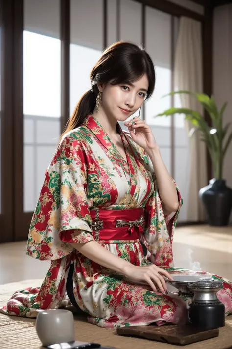 1woman, She is making the Japanese tea. She wears a kimono. She is sitting seiza in a Japanese-style room. (masterpiece, top quality, best quality, extreme detailed, colorful, highest detailed, Dreamy Atmosphere, Bright color, real photo, real skin. Hyper ...