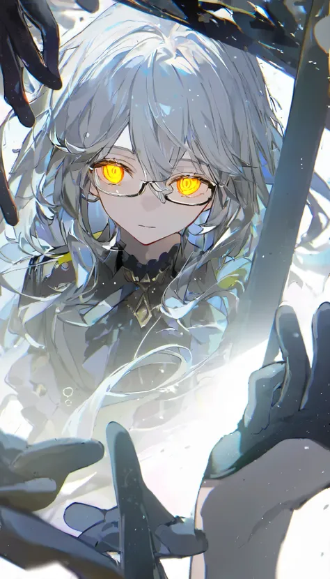 Glasses、Glasses、glowing eyes、long hair, gray hair, masterpiece, top quality, very beautiful, absurd, with bangs, glasses, yellow eyes, yellow eyes, Glasses、 very detailed,(Highest quality),(( Masterpiece)),( high resolution), original, very detailed8K壁紙,( ...