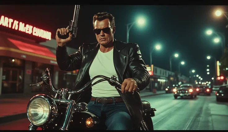 Charlton heston, in white t-shirt and black leather jacket, with sunglasses from the 50 , riding a large Harley type motorcycle,   from the 1950s , down a street in Los Angeles ,  at night. With a shotgun in the raised hand pointed at the sky.