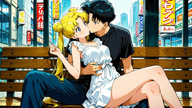 (masterpiece, best quality, very aesthetic , ultra detailed), intriguing details, 1boy and 1girl, chiba_mamoru, black hair, short hair, casual wearing, tokyo city, sit on the bench ((BREAK)) aausagi, long hair, double bun, twintails, parted bangs, earrings...