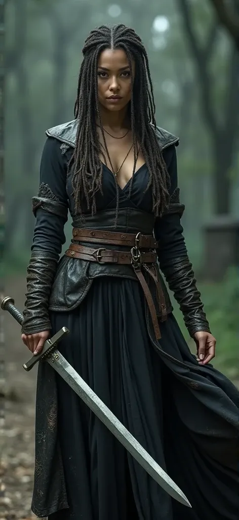 a woman in a long dress holding a sword, tumblr, tattered leather coat, Thea Sofie Loch Ness, dreads, set photo in costume