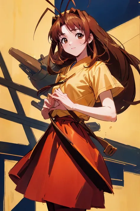 (masterpiece, best quality:1.2), cowboy shot, solo, 1girl, narusegawa naru, smile, looking at viewer, antenna hair, yellow shirt, short sleeves, red skirt, pantyhose, nice pair of hands