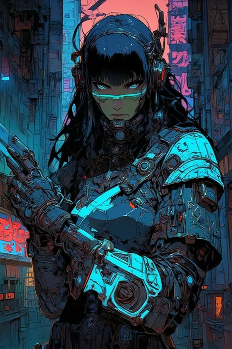 (  cyberpunk)  fight scene、Blue black long hair , bangs,     headphones  ,   cyberpunkな黒とピンクのデザインパーカー,  holds a cool plasma gun sword,   cool girl 、  watching viewers,  photorealistic, (背景はカラフルな  cyberpunkTOKYOcity,)Strange atmosphere, (  Top Quality:1.1),...