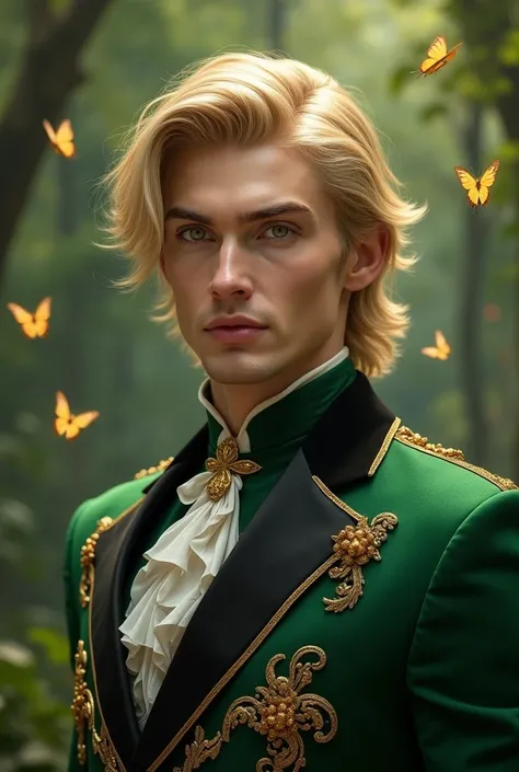 Make a 3d image of a man with medium blonde mullet hair, sharp golden eyes, white skin, slender and graceful body, wearing a royal dress in green, black, and gold full of luxurious details. The forest atmosphere remains magical with butterflies flying arou...