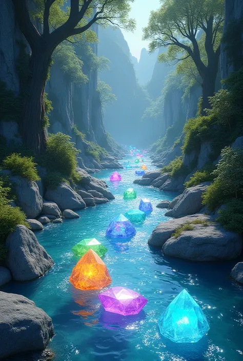 Draw the crystal river, river flowing with crystal stones from its waters, river full of colorful crystal quartz stones, Quartz stones in sparkling clear river olam river 