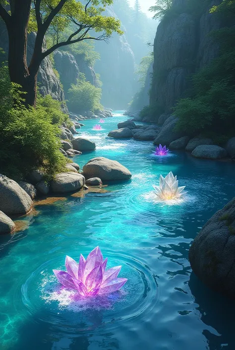 Draw the crystal river, river flowing with crystal stones from its waters, river full of colorful crystal quartz stones, Quartz stones in sparkling clear river olam river 