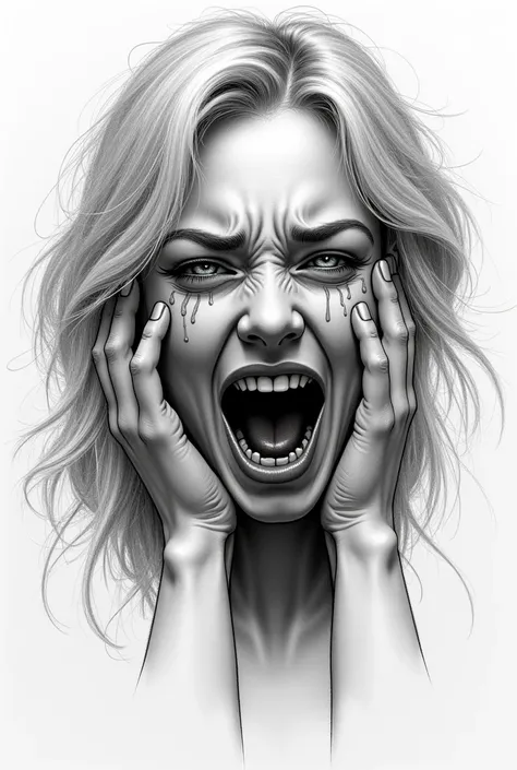 pencil sketch picture of a blonde girl gone mad and looking sad
picture drawn with a pencil of a crazy young girl, crying 
crying and screaming crazy looking woman