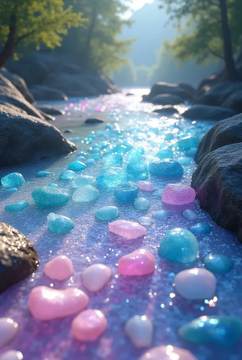 Draw the crystal river, river flowing with crystal stones from its waters, river full of colorful crystal quartz stones, River with small quartz stones in sparkling clear river