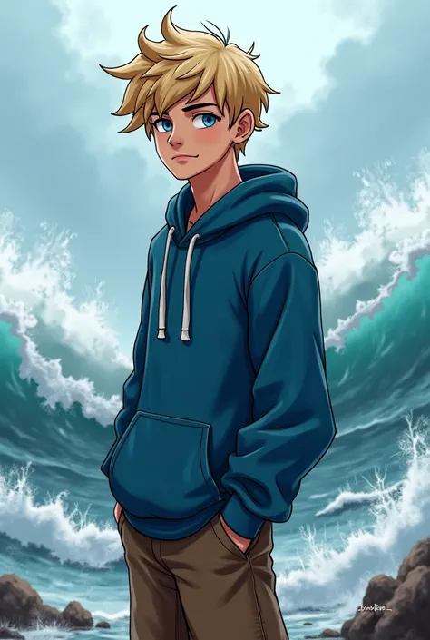 a young guy with shaggy blond hair and blue eyes, he's wearing a blue hoodie and brown shorts, he stands against the background of a raging sea, a picture in a real style 