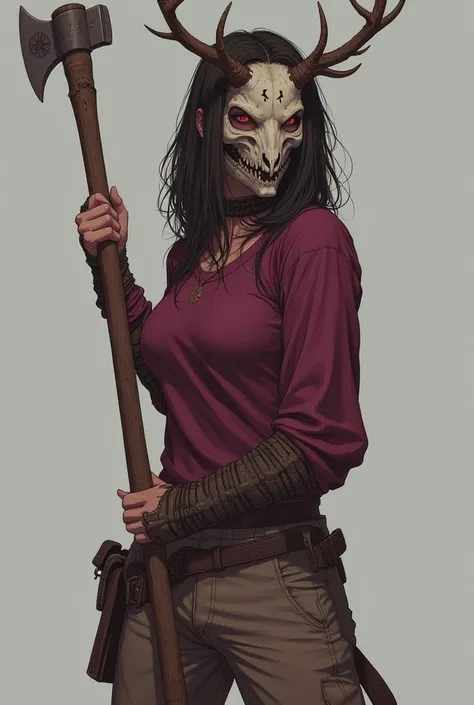 A tall and well-muscled woman,She is very strong., She carries an axe weighing on her hand ,She wears a burgundy long sleeve shirt,  your arm she wears light brown pants,We have a lot of facha in your arm , she wears a mask that is a deer skull with a symb...