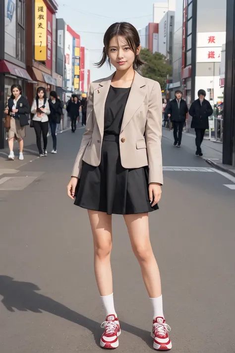  Super Real ,  photorealistic ,  she looks extremely happy  , shadow,  Global Pi Illuminations   ,  alone, ( age Japanese girl :1.5),  so beautiful and delicate Japanese girl ,  so beautiful、 smile ,  slim,  beautiful legs ，  slim waist 、   jacket 、 blouse...