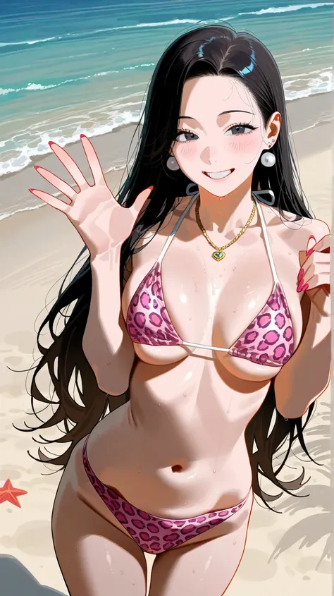 、whole body、 beach、 necklace、Earrings、     medium boobs 、smile、      I sweated   、      girl    、        black hair、、 pink leopard print swimsuit 