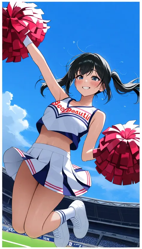 ( beautiful girl : 1.3), in the seat,( cheerleader, with pompoms, skirt,sweat), black hair, twin tails,smile,blush, is bashful, jumping up and down , moving, Dynamic Angle,blue sky, STADIUM,masterpiece, top quality, ultra high resolution, rich contrast, hi...