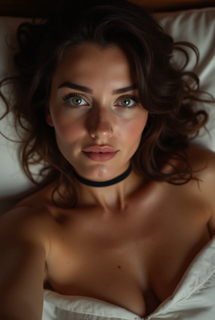 Française brunette beauty, forte poitrine (selfie de près, elle montre sa main , elle a un col roulé noir, elle est dans son lit assise, l'éclairage est assez sombre, c'est le soir), très détaillée, 21 ans, visage innocent, cheveux ondulés naturels mèche d...