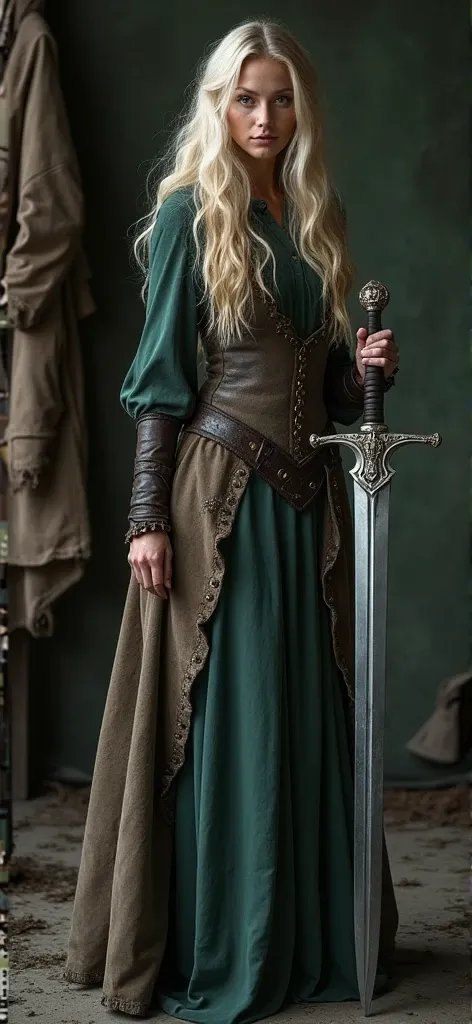 stunning portrait photo of Thea Sofie Loch Næss, viking woman in a long dress holding a sword, tumblr, tattered leather coat, set photo in costume