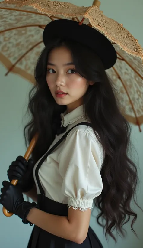 Old photo, scuffs  ,  Retro style ,  lady long wavy  Hair  , Hair lurus hitam disisir ke satu sisi,    beautiful big eyes   ,   lace umbrella  ,   bell suit skirt  ,   white blouse black gloves  ,topi,Alone,   random background ,  beautiful tits,  Short  H...