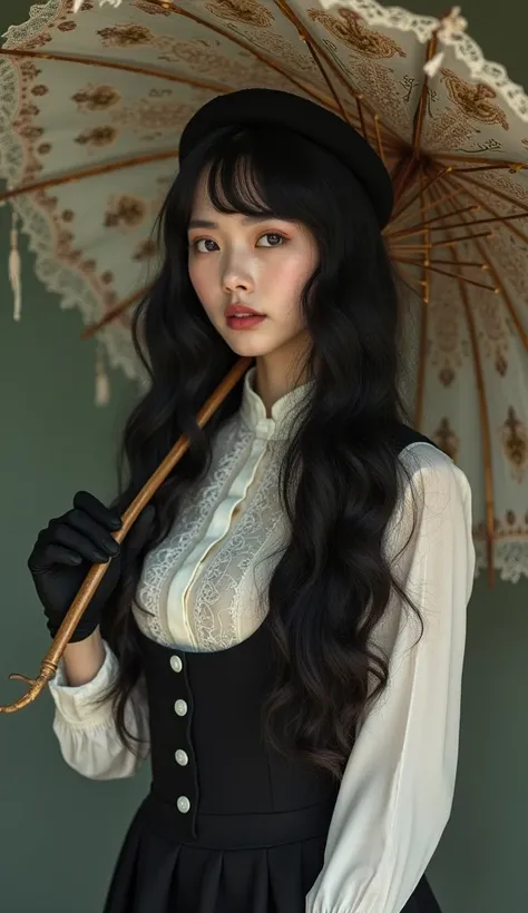 Old photo, scuffs  ,  Retro style ,  lady long wavy  Hair  , Hair lurus hitam disisir ke satu sisi,    beautiful big eyes   ,   lace umbrella  ,   bell suit skirt  ,   white blouse black gloves  ,topi,Alone,   random background ,  beautiful tits,  Short  H...