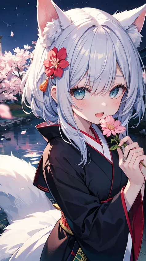 gray hair 、 illuminated in the dark 、 I had hair on one eye、Japanese-style town、day,solo,1girl,((from above))、Yangyun、cherry blossoms、 Flower blowing snow、bird、slender、open mouth、double teeth、 claw pose、smile、 Cool Personality,upper body、 boyish、April、Japa...