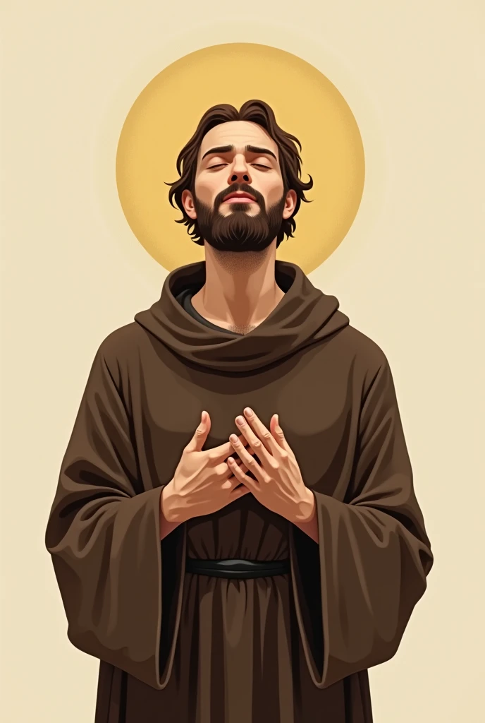 A simple style image with no background with Saint Francis of Assisi looking up at the sky with his eyes closed and his palms open and half raised, brown dress with a golden aureole around her head