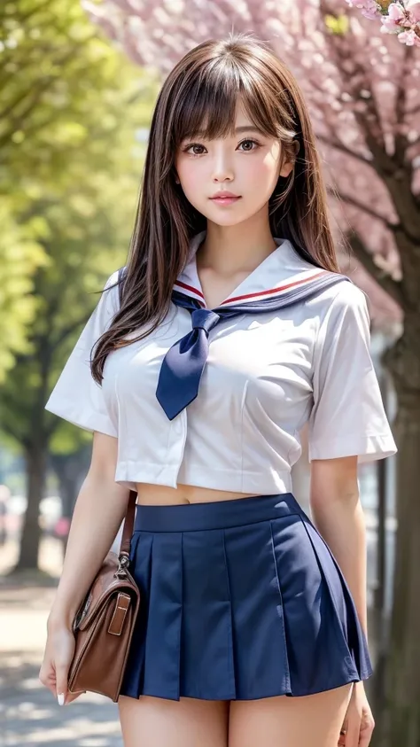  Masterpiece , best quality, very detailed, Kampala ,( realistic ,photo  realistic :1.37),(cowboy shooting:1.2),(Thighs:1.4),  excellent anatomy, beautiful Japanese woman ,  serious high school girl ,  but the skirt is very short ,(middle),(well-proportion...