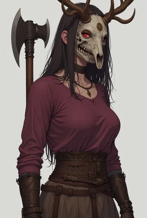 A tall and well-muscled woman,She is very strong., She carries an axe weighing on her hand ,She wears a burgundy long sleeve shirt, She wears brown half-pant pants,We have a lot of facha in your arm ,She wears a mask that is a deer skull with a symbol that...