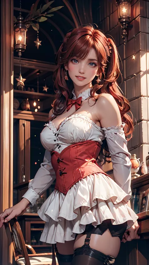 ( Masterpiece,  top quality:1.2), cowboy shot, Alone,  1 girl,  Cheryl Norm , smile, I closed my mouth,  stares at the viewer,   strapless dress  ,  Corsets ,  layered skirt ,  thigh high socks ,  shoulder out, universe, star (null)、 red hair 、 twin tails