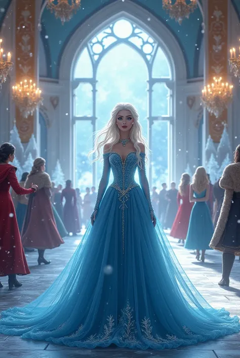 "An elegant ice queen with flowing platinum blonde hair and a shimmering blue gown stands gracefully in a grand prince's party castle. The ballroom is lavishly decorated with golden chandeliers, intricate ice sculptures, and royal banners. Noble guests in ...