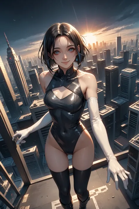  an 18-year-old girl with a cheerful smile 。 jumping off a moonlit skyscraper in a cyberpunk world at night。 wearing shoulder-length white opera gloves and black tights 、 wearing a metallic silver high neck leotard 。 wearing shiny black thigh high boots 。 ...