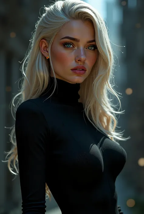 Beautiful girl with long blonde platinum hair, blue eyes with gold in the middle, in black assassins suit, with diamond ring with big ruby in the middle