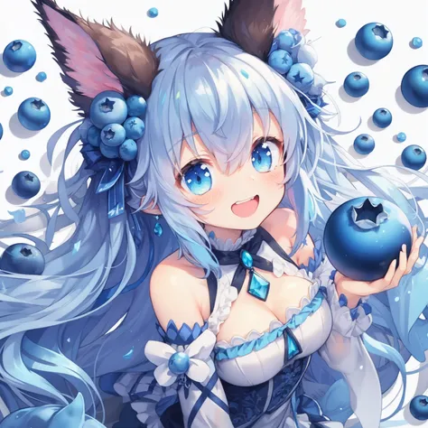  pastel watercolor anime 、[anime  girl with long blue hair and wild boar ears holding a big blueberry, full body,  squats ,  girl、Jewel Eyes、 beautiful arrangement and motifs 、 Description Depth of Boundary 、 flat avatar , 1 girl, smile,  light blue hair((...