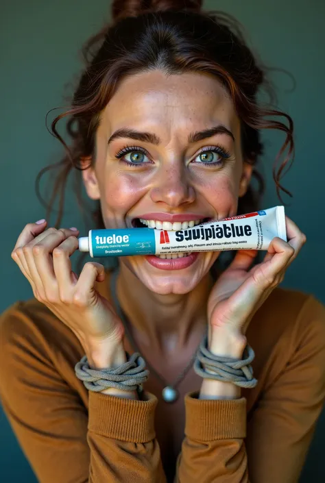 Generate a woman smiling proudly displaying a superglue tube permanently glued between her teeth and her hands tied behind her back 