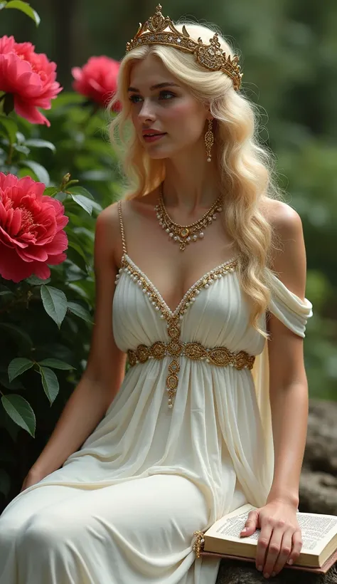 The goddess Aphrodite is beautiful and charming with blonde hair, a small high nose, red lips and blue eyes, she wears jewelry and a golden crown made from laurel leaves, She wears a long white Greek dress studded with pearls and precious stones with a dee...