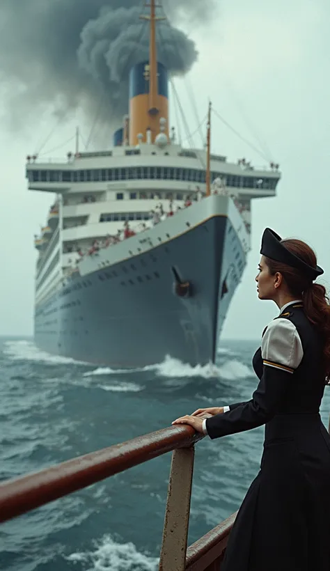 The RMS Olympic, a massive white ocean liner, colliding with a military warship in the open sea. Smoke and debris rise from the impact as crew members scramble in panic. Violet, dressed in a stewardess uniform, stands on deck gripping the railing, her face...